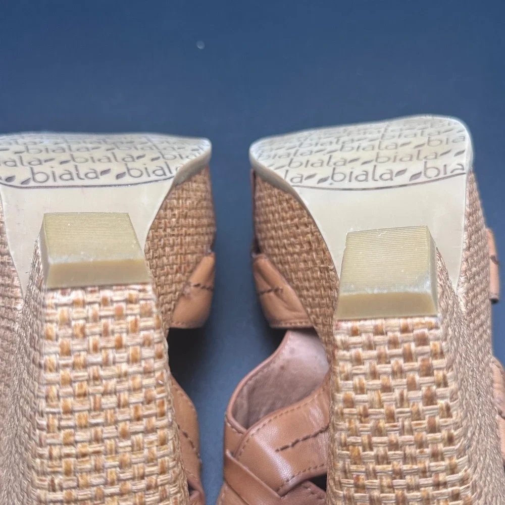 Biala Wedge Sandals Womens Tan Leather Woven Platform T-Strap Buckle Heel